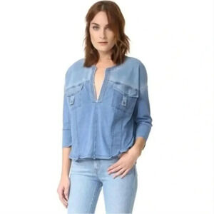 Free People Ratio Blue Chambray Split Neck 3/4 Sleeve Contrast Top XS